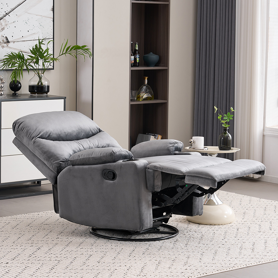Modern Velvet Fabric Relax Armchair Manual Swivel Glider Nursing Chair with Cup Holder