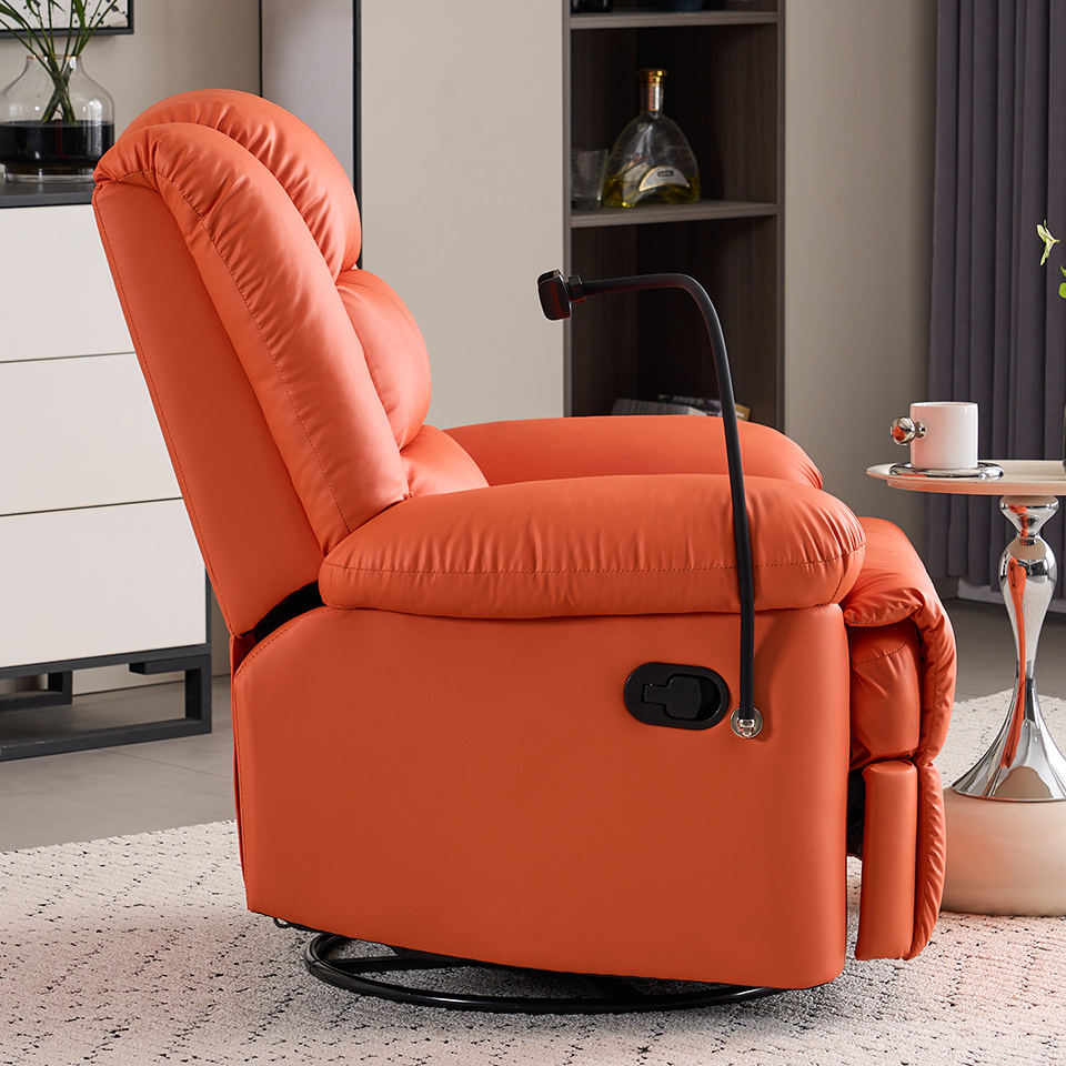 Modern Faux Leather Orange Recliner Manual Adjustable Swivel Glider Chair Recliner with Phone Stand
