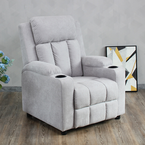 Home Theater Cotton Fabric Grey Push Back Sofa Manual Recliner Chair with Cup Holder