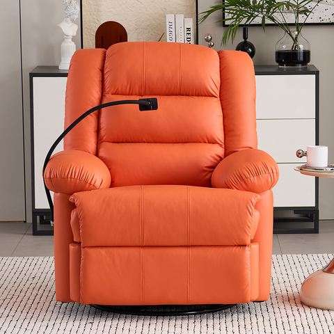 Modern Faux Leather Orange Recliner Manual Adjustable Swivel Glider Chair Recliner with Phone Stand