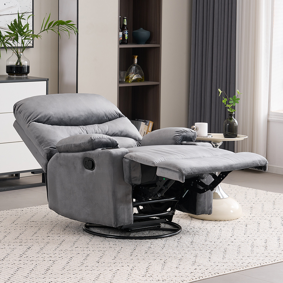 Modern Velvet Fabric Relax Armchair Manual Swivel Glider Nursing Chair with Cup Holder