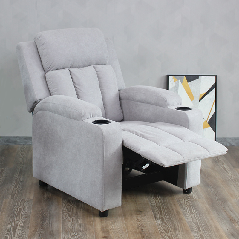 Home Theater Cotton Fabric Grey Push Back Sofa Manual Recliner Chair with Cup Holder
