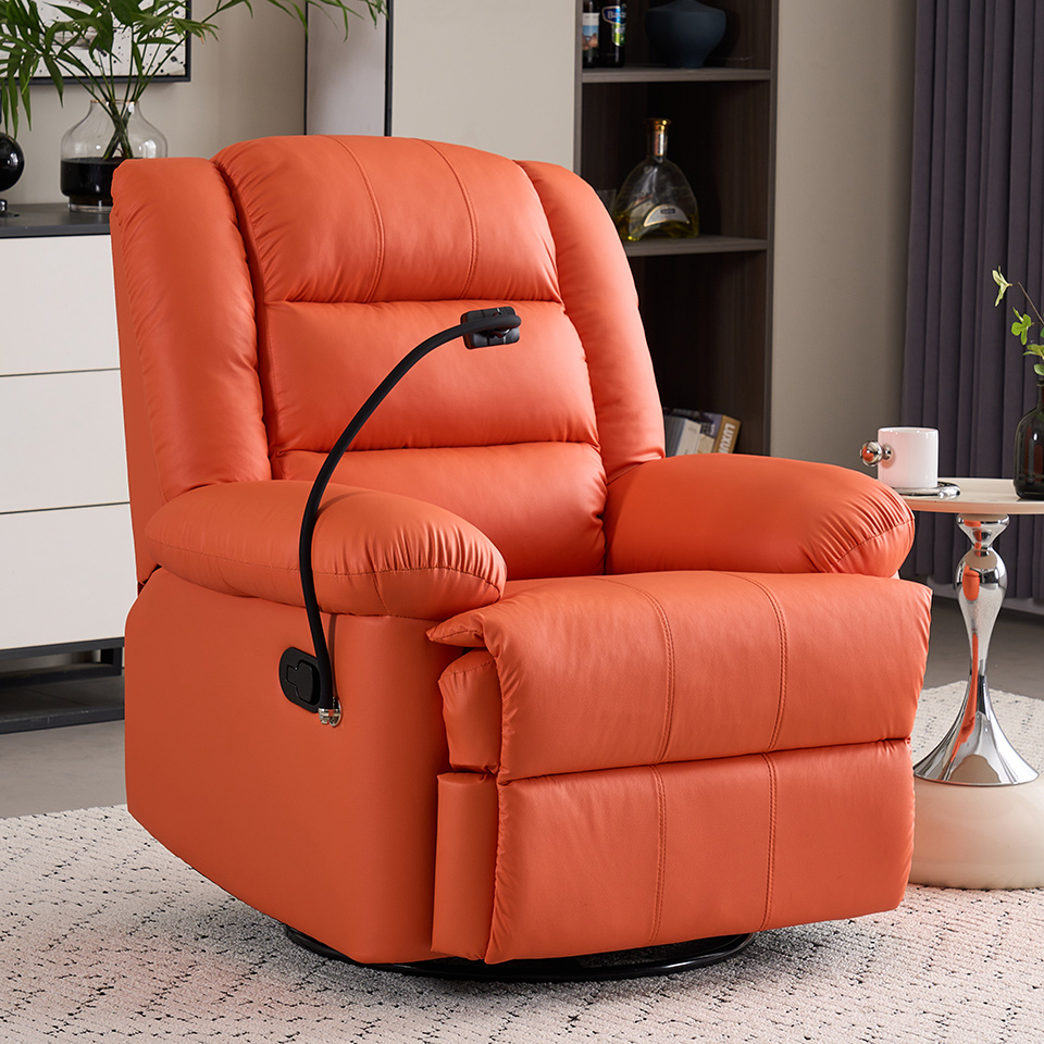 Modern Faux Leather Orange Recliner Manual Adjustable Swivel Glider Chair Recliner with Phone Stand